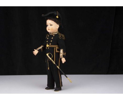 A German composition headed doll in very fine British Navy Admiral uniform,  with blue glass eyes, open mouth, black mohair w