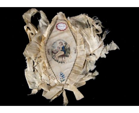 A 18th century painted silk purse or case, the elliptical cream silk covered card sides, the front depicts a young gentleman 