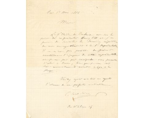 SAINT-SAËNS CAMILLE: (1835-1921) French Composer. A.L.S., C. Saint-Saëns, one page, 4to, grid paper, Paris, 1st March 1883, t