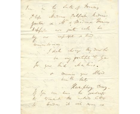 DAVY HUMPHRY: (1778-1829) British Chemist &amp; Inventor. A.L.S., Humphry Davy, three pages, 4to, Montpelier, 17th (?) (Janua