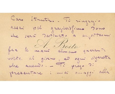 BOITO ARRIGO: (1842-1918) Italian Composer, Poet and Novelist. A.N.S., Arrigo Boito, to both sides of his personal printed vi