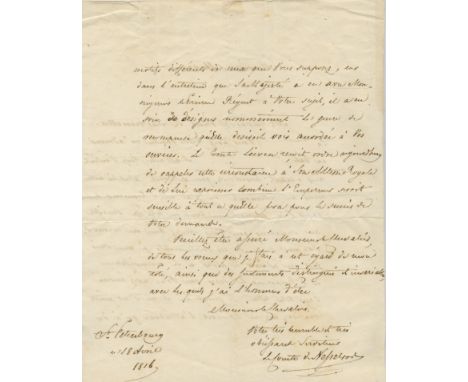 NESSELRODE KARL: (1780-1862) Russian Count and Diplomat. A very fine L.S., Le Comte de Nesselrode, two pages, 4to, St. Peters