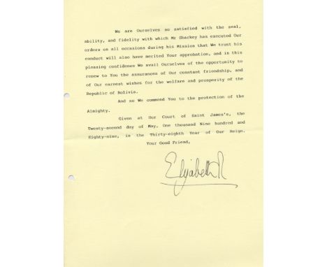 ELIZABETH II: (1926- ) Queen of the United Kingdom 1952- . D.S., Elizabeth R, as Queen, at the conclusion, two pages, 4to, Co