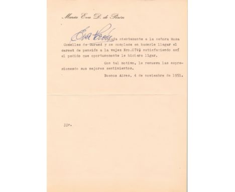 PERON EVA: (1919-1952) First Lady of Argentina 1946-52 as second wife of President Juan Peron. Scarce T.L.S., Eva Peron, one 
