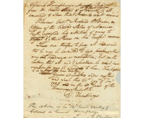 HUMPHREYS DAVID: (1752-1818) American Colonel of the Revolutionary War, and aide de camp to George Washington. Humphreys late