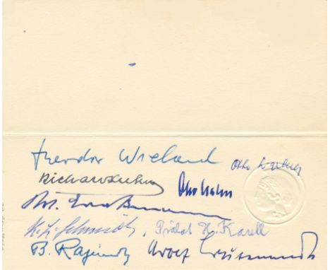 NOBEL PRIZE WINNERS: An oblong 12mo stiff white folding table place card issued to [Luigi] Califano for an unidentified dinne