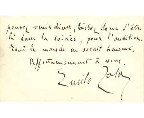 ZOLA EMILE: (1840-1902) French Writer. A.L.S., Emile Zola, to the front and verso of his personal printed visiting card, n.p.