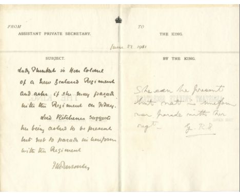 GEORGE V: (1865-1936) King of the United Kingdom 1910-36. Autograph Memorandum Signed., F M Ponsonby, by Frederick Ponsonby, 