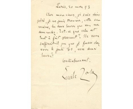 ZOLA EMILE: (1840-1902) French Writer. A.L.S., Emile Zola, one page, 8vo, Paris, 20th March 1893, in French. Zola writes to a