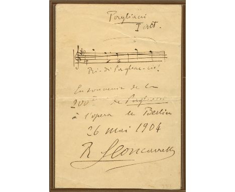 LEONCAVALLO RUGGERO: (1857-1919) Italian Composer. A.M.Q.S., R. Leoncavallo, one page, 8vo, Berlin, 26th May 1904, in French.