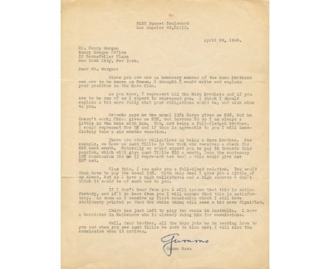 MARX GUMMO: (1892-1977) American theatrical Agent. Fourth of the five Marx Brothers. An unusual and funny T.L.S., Gummo, one 
