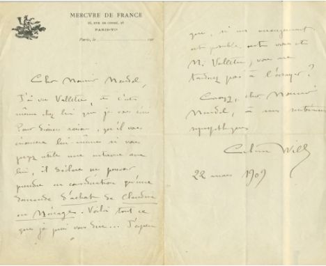 COLETTE: (1873-1954) French Novelist, best known for her novel Gigi. A.L.S., Colette Willy, two pages, 8vo, 22nd March 1909, 