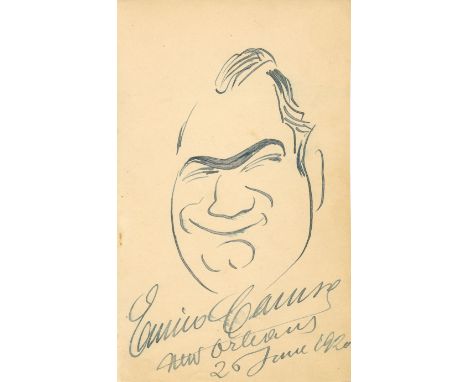 CARUSO ENRICO: (1873-1921) Italian Tenor. An excellent bold ink self portrait caricature in Caruso´s hand, on a 4 x 7 page, s