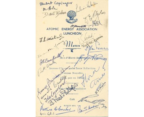 ATOMIC ENERGY ASSOCIATION: A vintage printed 8vo menu card for the Atomic Energy Association Luncheon at the Waldorf Hotel, A