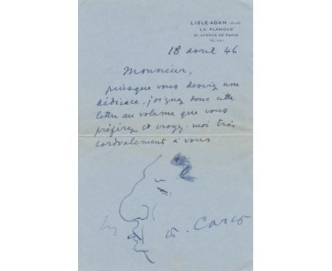 CARCO FRANCIS: (1886-1958) French Poet and Novelist. A.L.S., F. Carco, alongside Carco´s portrait´s sketch in his hand, one p