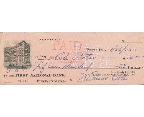 PORTER COLE: (1891-1964) American Composer. D.S., Cole Porter, in the form of an endorsement to the verso of a cheque, n.p. (