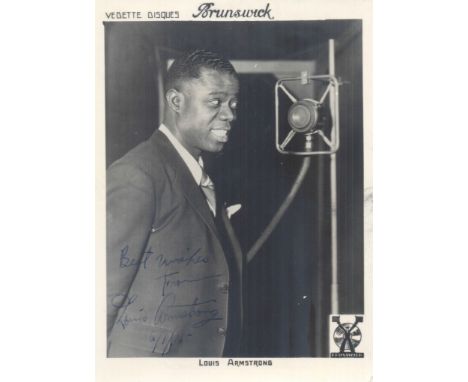 ARMSTRONG LOUIS: (1901-1971) American Jazz Trumpeter. Signed 5 x 7 photograph by Armstrong, the promotional image issued by B