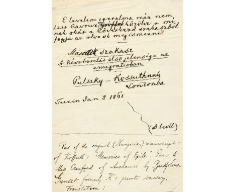 KOSSUTH LAJOS: (1802-1894) Hungarian Freedom Fighter, Governor-President of Hungary April - August 1849. Autograph Manuscript
