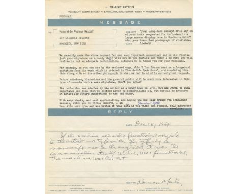 MAILER NORMAN: (1923-2007) American Novelist. A.Q.S., Norman Mailer, one page, 4to, n.p., 18th December 1969. Mailer writes, 