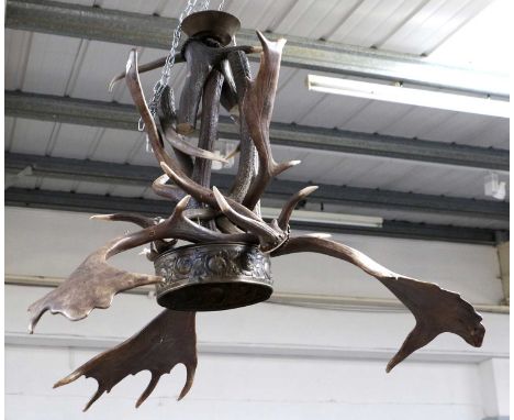 Antler Furniture: A Fallow &amp; Red Deer Antler Ceiling Light, circa late 20th century, the structure formed of adult Fallow