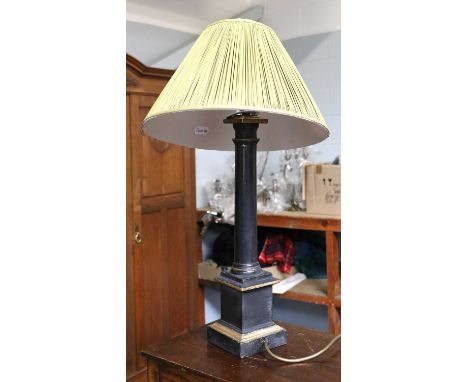 A Black Columnar Table Lamp, with green silk shade, together with A Pair of Gold Silk Decorative Lampshades (3)