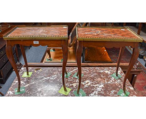 A Pair of Inlaid Mahogany Lamp Tables, with brass galleries, each 48cm by 30cm by 53cm