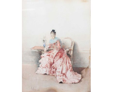 Gustavo Simoni (1845-1926) ItalianPortrait of an elegant lady, seated, in an interiorSigned and dated (18)78, watercolour, 50