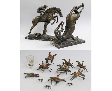 Two Bronzed Composite Equestrian Figures, depicting horse racing scenes, together with a collection of cold painted metal hun