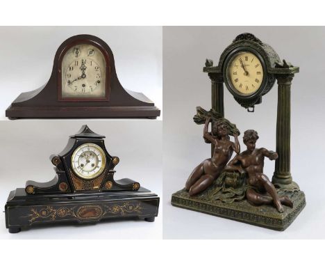 A Victorian Black Slate Striking Mantel Clock, 54.5cm wide, together with a chiming mantel clock and a modern quartz mantel t