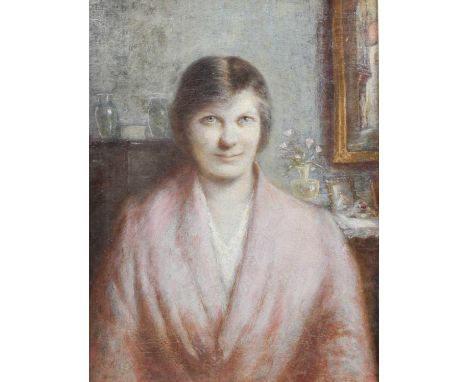 Manner of Gwen John (1876-1939) WelshPortrait of a lady, bust length, wearing a pink dressing gown Oil on canvas, 39.5cm by 2