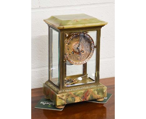 A Green Onyx and Champleve Enamel Striking Mantel Clock, circa 1900, with a twin mercury tube pendulum, 29cm high