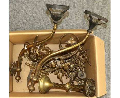 A Pair of 19th Century Brass Wall Sconces, together with a further pair of Victorian brass twin-light wall sconces and a cand
