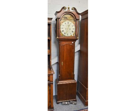 An Oak Eight-Day Longcase Clock, signed Jno, Nimmo, Hawick, 13" arch painted dial, with four seasons spandrels and a ploughin