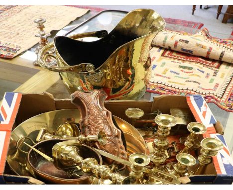 Brass Items, including 19th century candlesticks, postal scales, bowl, helmet form coal scuttle and a creamer together with a