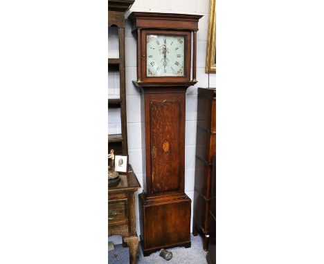 An Oak Thirty-Hour Longcase Clock Signed Deacon, Leciester, late 18th century, 12" square painted dial with floral painted sp