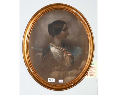 British School (19th Century)Portrait of a lady, bust length, wearing a plaid dressPastel, 35cm wide (oval) The sitter is (ac