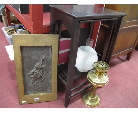 A Graduated Nest of Three Occasional Tables, along with oil lamp and decorative panel.