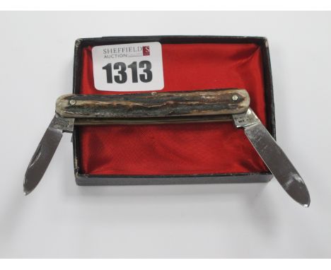 Stan Shaw of Sheffield 1926-2021. Pocket Knife, with stag scales and two blades, stamped S. Shaw, Sheffield, England to each 