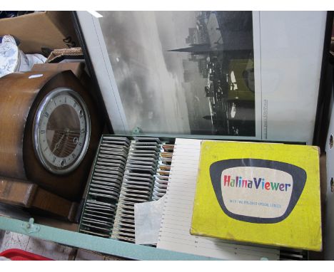 Sheffield Black and White Photographs, circa 1970's, Anvil Westminster Chimes mantle clock, Halina viewer, slides in Hanimex 
