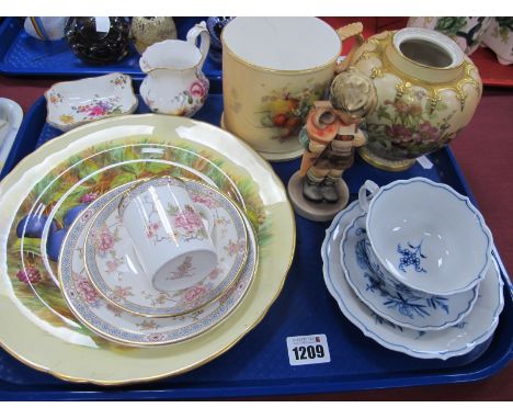 A Worcester Hand Painted Vase on Blush Ivory Ground, (lacking cover) and cracked tankards, Dresden trio, Aynsley N Brunt Plat