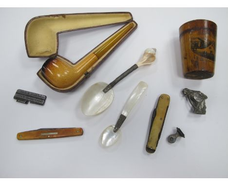 Mauchline Blackpool Tower Medicine Cover and Glass, smokers pipe, mother of pearl spoons, knives, Wetherall brooch, etc.