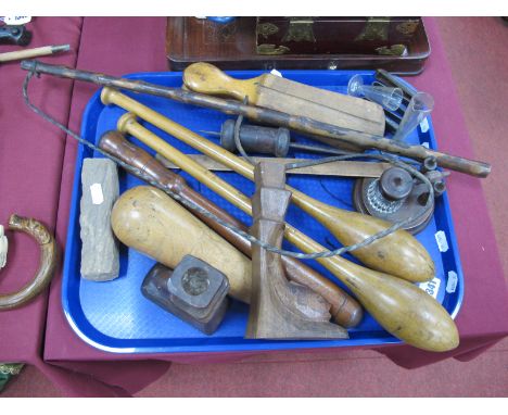 Treen - A pair of 'Fish' Candlesticks, inkwell, batons, etc:- One Tray.