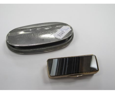 Yellow Metal Snuff Box, with Agate stone to rectangular top and base, James Dixon pewter example. (2)