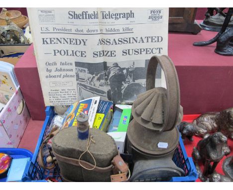 Railway Lamp, leather Army belt, flask, Sheffield Telegraph newspaper Nov 23 1963, Kennedy Assassination, Corgi Citroen Dyane