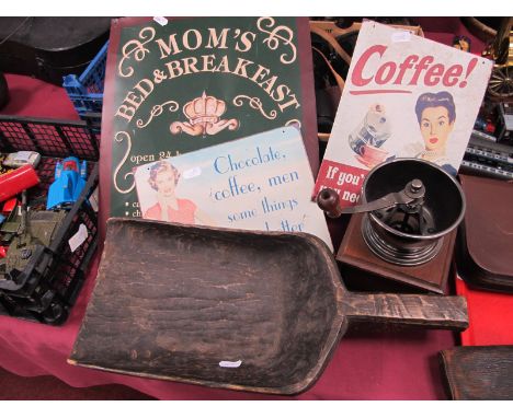 Mums Breakfast Metal Sign, 42 x 31cm, two others smaller, coffee grinder, wooden scoop.(5)