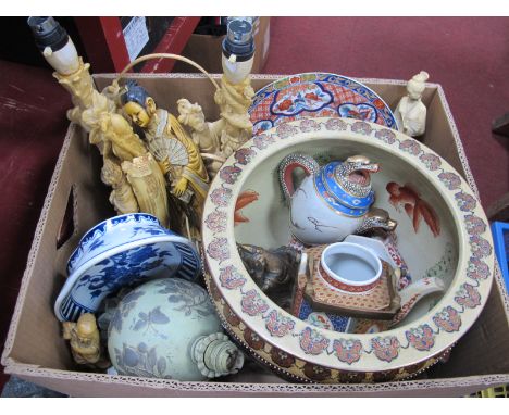 Oriental - jardiniere, resin figures, metal table lamp, etc:- One Box.