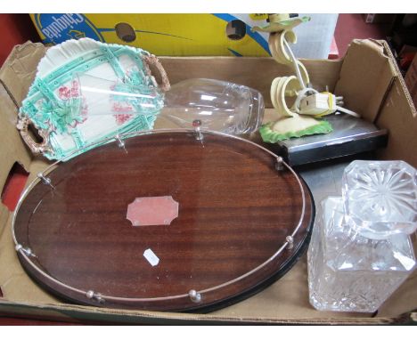 A Mid XX Century Mahogany Oval Gallery Tray, with blank cartouche (silverplate); together with a spirit decanter, two chrome 