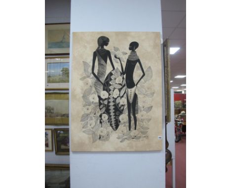 Heidi Lange, 'Turkana Couple', batik print on linen, dated '89, African design label verso, 102 x 76.5cm.