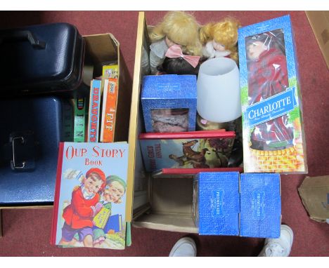 Dolls, Cash Box, Annuals, Lamp, Avon waterfall, etc:- Two Boxes