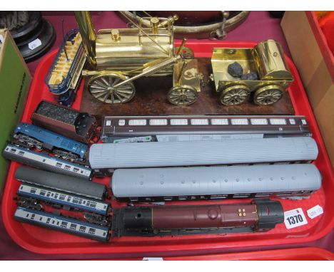 Brass Model of Stephenson's Rocket, on wooden plinth, 33cm long; Lima, Hornby, china and other trains, Corgi tram:- One Tray